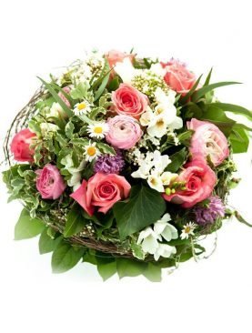 Round Handle Basket of Mixed Roses