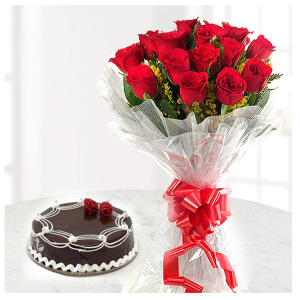 Red Rose Bouquet with Black Forest Cake | Free - Same Day Delivery |  IndiaFlowersGifts