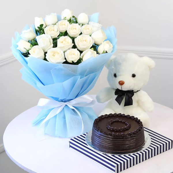 Send Flowers Cake Teddy Combo Online Online in India | Phoolwala