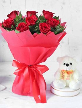 Red Rose Bouquet with Teddy