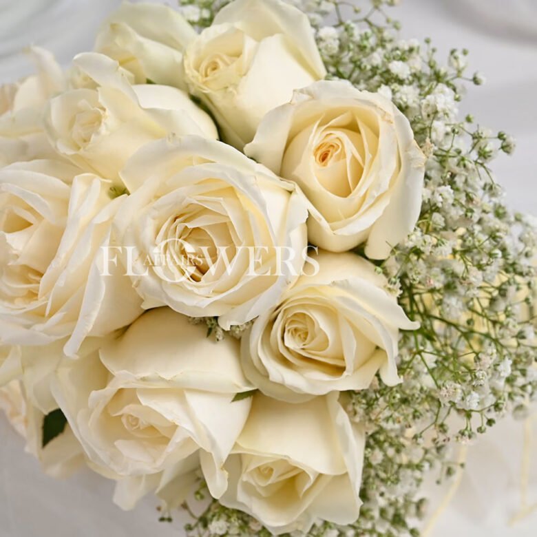 White Roses & Baby’s Breath Bridal Bouquet - Image 3