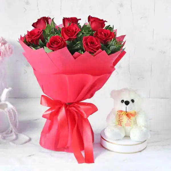 Red Rose Bouquet with Teddy – same-day flower delivery Pakistan | Proflowers.pk